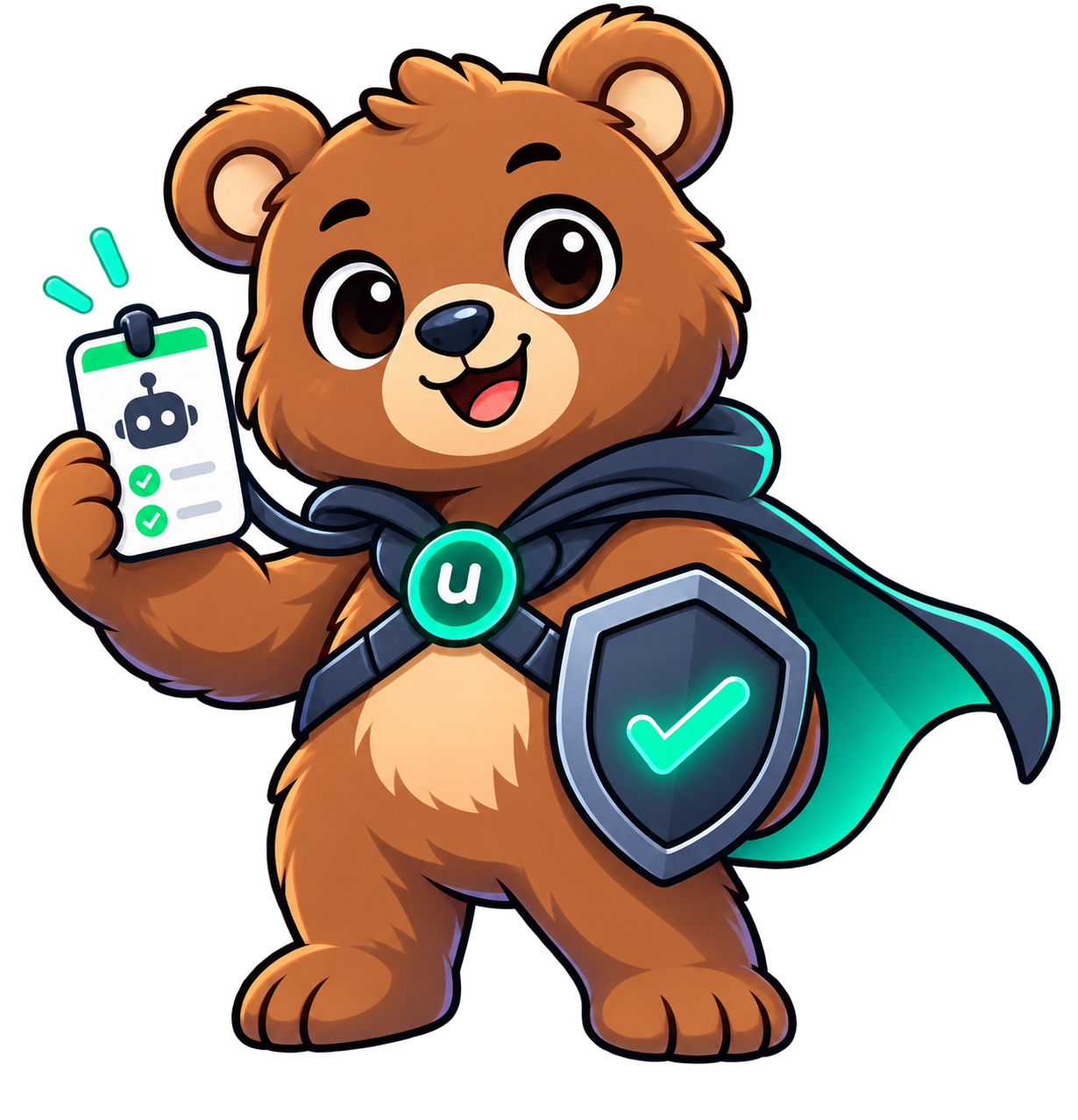 Umbod bear mascot holding a security shield